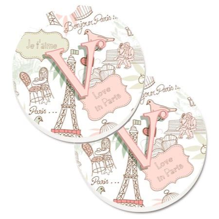 Carolines Treasures Letter V Love in Paris Pink  Cup Holder Car Coaster, PK2 CJ2002-VCARC